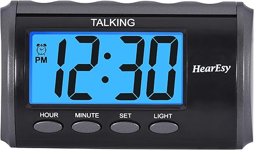 Talking Alarm Clock for Visually Impaired - Large Numbers Desk Clock - Day Clock for Seniors - Battery Operated Large Display Alarm Clock, Digital Clock, Digital Alarm Clock (Dark Grey)