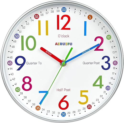 Telling Time Teaching Clock - Learning Clock for Kids - Kids Wall Clocks for Bedrooms - Kids Wall Clock- Silent Analog Kids Clock for Teaching Time ,for School Classrooms Playrooms and Kids Bedrooms