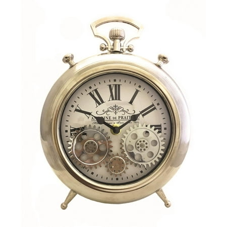 Three Star Stopwatch Style Silver Metal Skeleton Clock With Moving Gears RT6309