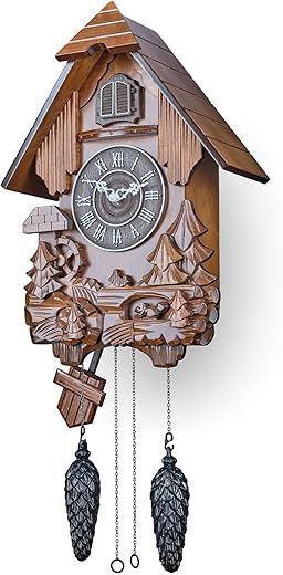 TIMEGEAR Cuckoo Clock with Automatic Night Mode, Swinging Pendulum and Quartz Movement (Brown)