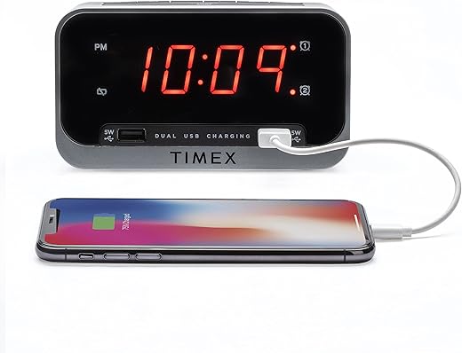 Timex Bedside Alarm Clock with Dual USB Charging, Dual Alarm, Nightlight, Snooze bar, and Battery Backup (T1300)