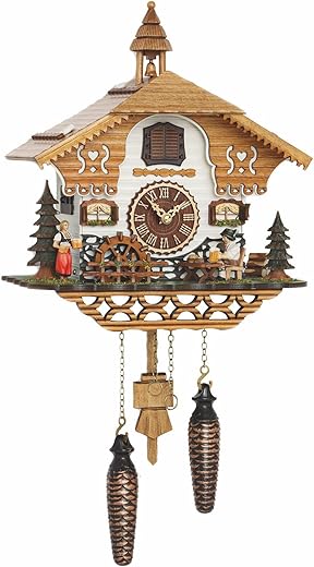 Trenkle Quartz Cuckoo Clock Black Forest House with Moving Beer Drinker and Mill Wheel, with Music TU 4214 QM