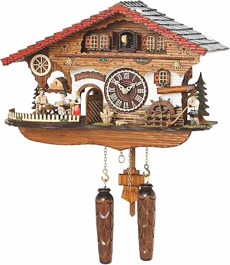 Trenkle Quartz Cuckoo Clock Black Forest House with Moving Waitress and Turning Mill Wheel, with Music TU 4210 QMT HZZG