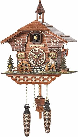 Trenkle Quartz Cuckoo Clock Black Forest House with Moving Wood Chopper and Mill Wheel, with Music TU 4217 QM