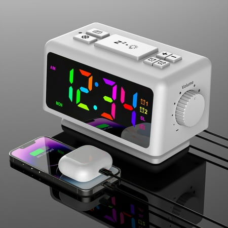 UAEBM Perpetual Calendar FM Radio Alarm Clock RGB Colorful Mirror Large Screen Display Electronic Clock Suitable for Giving Holiday Gifts White