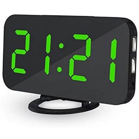 Ultra Slim Modern LED Digital Alarm Clock with Snooze Function and Time Setting - With Phone Charger - Green