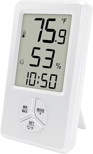 Urageuxy Digital Hygrometer Indoor Thermometer Humidity Meter with Temperature and Humidity Room Thermometer with Time Alarm Clock for Home, Bedroom, Baby Room, Office, Greenhouse, Cellar