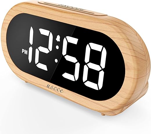 uscce Small Digital Alarm Clock with USB Port for Charging, 0-100% Dimmer, Easy to Set, Alarm Volume with 5 Alarm Sounds, 12/24Hr, Snooze, Battery Backup, Compact Alarm Clock for Bedroom(Wood Grain)