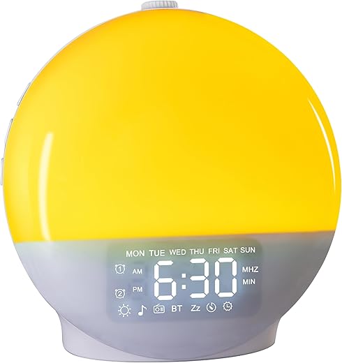 VECELO Sunrise Alarm Clock Wake Up Light, Sunrise Simulation, Sleep Aid, Dual Alarms, Snooze, Nightlight, FM Radio, Bluetooth, Charger, for Kids, Heavy Sleepers