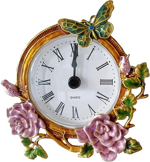 Vintage Mini Analog Table Clock, Silent Small Table Clock with Hand-Painted Metal Body and Battery Operated Non-Ticking Clock Core for Shelf, Bedroom, Bedside, Desk, Gift Clock