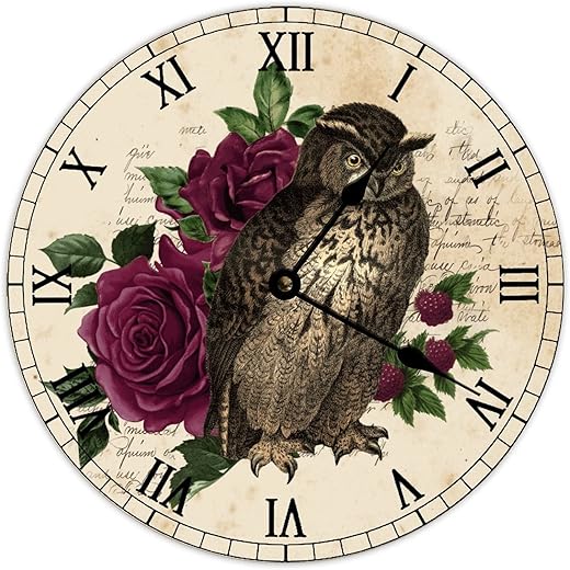 Vintage Owl Wall Clock French Flower Country Tuscan Style Wall Clock Wooden Wall Clock,Battery Operated,Farmhouse Wall Decor Home Decor for Kitchen,Living Room,Bedroom,Office,10 Inch