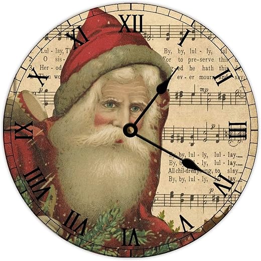 Vintage Santa Christmas Wall Clock French Country Tuscan Style Wall Clock Wooden Wall Clock,Battery Operated,Farmhouse Wall Decor Home Decor for Kitchen,Living Room,Bedroom,Office,10 Inch