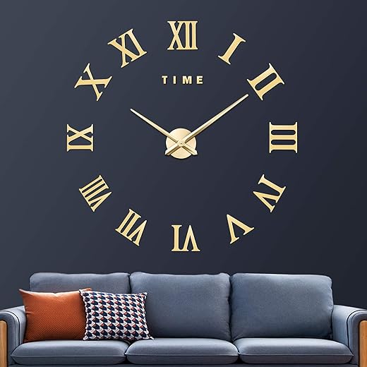 VREAONE Large 3D DIY Wall Clock, Giant Roman Numerals Clock Frameless Mirror Big Wall Clock Home Decoration for Home Living Room Bedroom Wall Decorations(Gold)