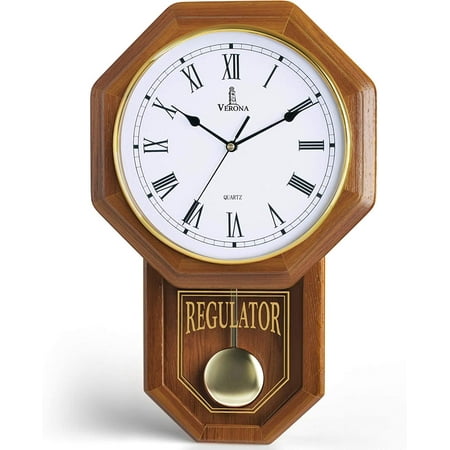 Wall Clock Battery Operated - Regulator Clock - Wooden Schoolhouse Wall Clock with Pendulum - Wood Pendulum Clock - Decorative Wall Clocks for Living Room Decor, Home, Office and Gift 18x11