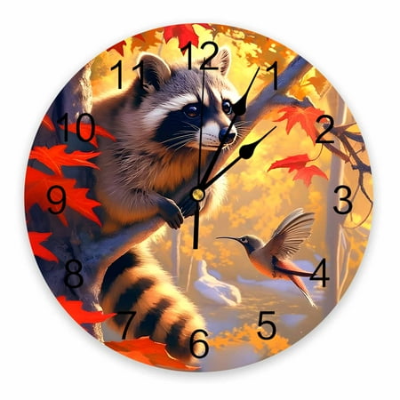 Wall Clock Silent Non-Ticking Home Decor, Hummingbird Raccoon Fall Maple Nature 14 Inch Number Dial Face Battery Operated Sweep Movement Wall Clock for Kitchen, Bedroom, Living Room