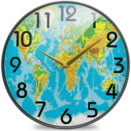 Wellsay Stylish Physical World Map Round Wall Clock, 9.5 Inch Silent Battery Operated Quartz Analog Quiet Desk Clock for Home,Office,School