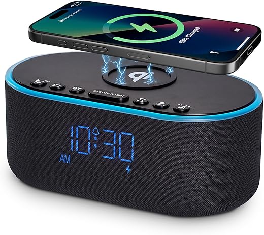 Wireless Charging Alarm Clock Radio: Qi Certified Fast Wireless Charger for iPhone Samsung - 10W Stereo Bluetooth Speaker - Dimmable Digital Clock with FM Radio for Bedroom Black