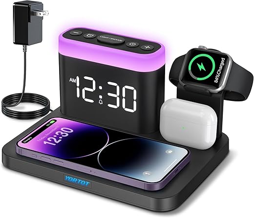 Wireless Charging Station, 5 in 1 Wireless Charger Stand with Alarm Clock, 7 Night Lights, Charging Dock for iPhone15/14/13/12/11/Pro/Max/XR/Samsung Phone, Apple Watch 9/8/7/6/5/SE, AirPods/3/2/1