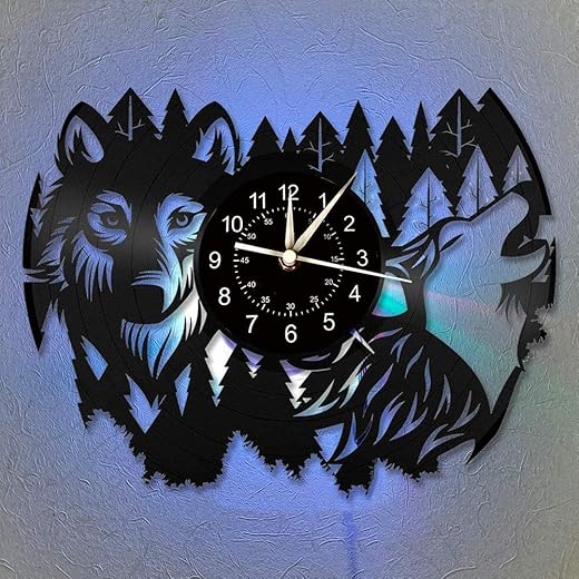 Wolf Wall Clock, Wolf 7 LED Colors Changing Night Lighting 12 Inch Vinyl Record Wall Clock for Living Room Decor Wolf Fans Birthday Xmas Gifts Wolf Gifts to Teen, Friends and Men (D)