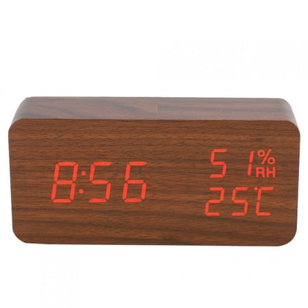 Wooden Alarm Clock LED Voice Control Desk Rectangular Brown Wood Red Light Digital Clock