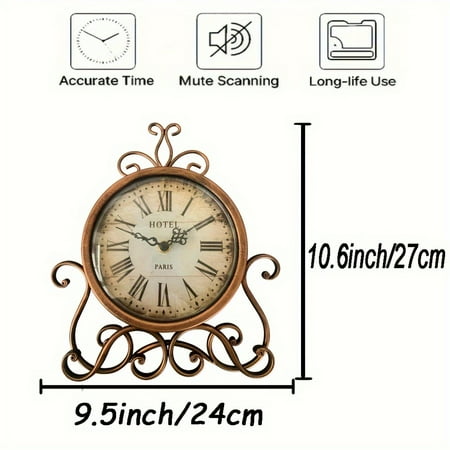 XINGJIU 1pc Vintage Style Metal Table Clock, Silent Non-Ticking Paris Hotel Desktop Clock With Elegant Scrollwork, Retro Decorative Timepiece For Home & Office, Mother's Day Spring Easter Gift