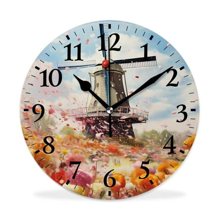 XNSJVGB Silent Non Ticking 10 inch Round Wall Clocks,Traditional Dutch Tulips picture,Winter Birds Drawing,Decorative Clocks for Living Room Kitchen Bedroom