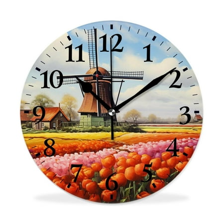 XNSJVGB Silent Non Ticking 12 inch Round Wall Clocks,Traditional Dutch Tulips beautiful,Winter Birds Drawing,Decorative Clocks for Living Room Kitchen Bedroom