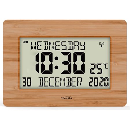 Youshiko Radio Controlled Silent Large LCD Wall Clock (Offical UK Version) Auto Set Up with Day Date Month Helpful for DEMENTIA & ALZHEIMER SUFFERERS (Bamboo Wood)