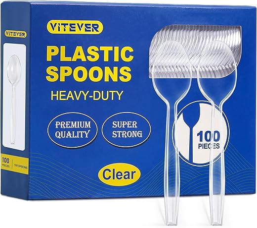 [100 Count] Clear Plastic Spoons Heavy Duty, Premium Disposable Spoons, Durable Plastic Cutlery for for Parties, Picnics, Big Event, Daily Use - Heat Resistant & BPA Free - Clear