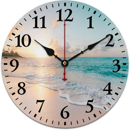 10 Inch Clocks Tropical Palm Tree Beach Room Decorative Wall Clock Battery Operated Silent Arabic Numeral Sunny Beach Palm Tree Hawaii Style Tropical Ocean Coastal Wood Clock Dining Room Decor