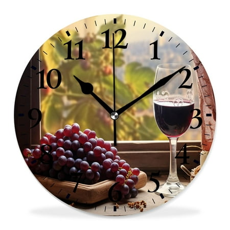 10 Inch Wall Clock Battery Operated Silent Clock Decorative for Office, Kitchen, Outdoor, Living RoomRed Wine with Grapes and Vine Leaves Beautiful Drawing