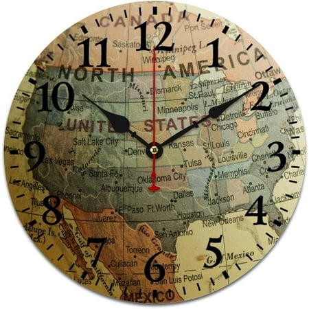 10 Inch Wall Clocks Vintage Old World Map Kitchen Wall Clock Silent Non Ticking Arabic Numbers Vintage Abstract World Map Design Wood Clock Farmhouse Living Room Bedroom Kitchen Home