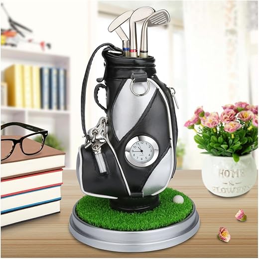 10L0L Mini Desktop Aluminum Alloy Golf Bag Pen Holder with Golf pens Clock 6-Piece Set of Golf Souvenir Event Souvenir Novelty Gift