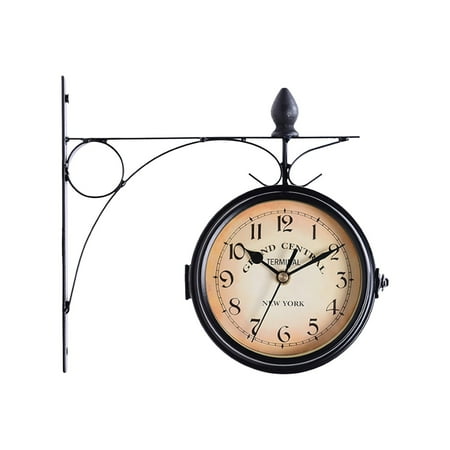 10 Minute Sand Timer Antique Look Wall Clock Brown Round Outdoor Hanging Double Two Faces Retro Station Clock With Scroll Wall Side Mount Home DÃcor