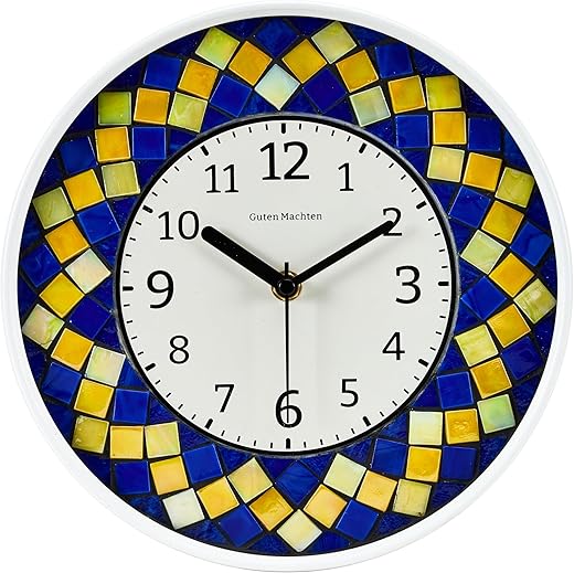 10'' Mosaic Small Wall Clock Glass Silent Non-Ticking Analog Living Room Decor Office Unique Pattern Zigzag Yellow Blue CLK001