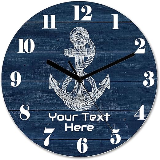 11.6'' Vintage Anchor Wall Clock Personalized Nautical Retro Wooden Clock White Anchor Pattern Clock Custom Funny Round Wall Clock Easy to Read Wall Clock for Living Room Kitchen