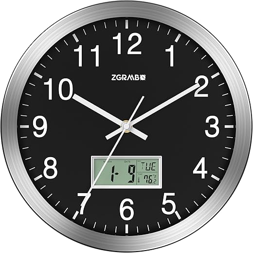 12" Atomic Analog Wall Clock with Digital Date, Week & Indoor Temp - Battery Operated Atomic Wall Clock, Auto Sets, DST, Silver Brushed Finish, Easy to Read, Style fits Any Decor (Silver & Black)