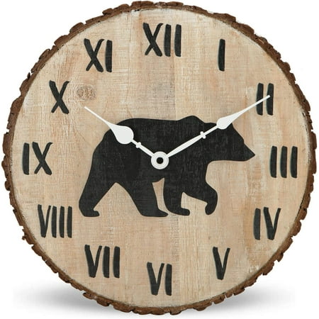 12 Cabin Wall Clock Wood Bear Farmhouse Clock Battery Operated Silent Non-Ticking Rustic Fir Bark Wooden Clock Decor Home Decorative for Kitchen, Living Room, Bedroom, Office