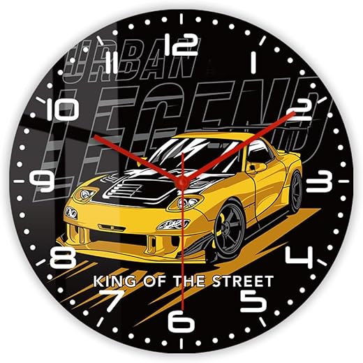 12'' Car Racing Wall Clock, Drift Car Japan Street Sport Car Garage Wall Clock Racing Automobile Wall Watch Clock Battery Silent Non Ticking for Man Cave Boys Drifting Car Enthusiast Gift