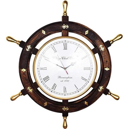 12 Handcrafted Nautical Premium Ship Wheel Clock with Directional Pirate's WHITE Dial Face with Brass HANDLE & ANCHOR ! Wooden Ship Wheel Clock | Home Decor Wall Clock