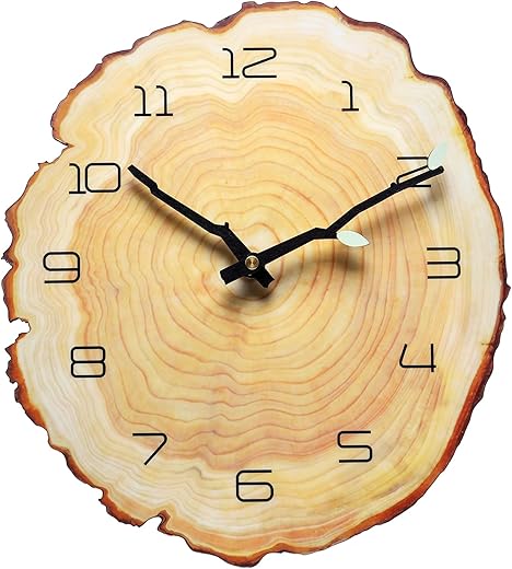 12 Inch Annual Ring Wall Clock Wood Grain Clock Leaf Tree Stump Clock Creative Silent Clock Quartz Clock Battery Powered Arabic Numerals Decorative Home Living Room Office Size:10.55Wx11.88H