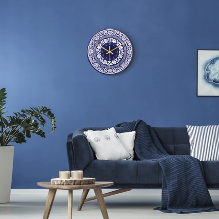 12 Inch Blue And White Wall Clock, Navy Blue China Ceramic Wall Clock For L