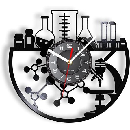 12 Inch Chemical Wall Clock, Silent Quartz Non Ticking Battery Operated Modern Decorative Chemistry Analog Black Vinyl Record Wall Clock Watch For Laboratory Science Classroom School Decor