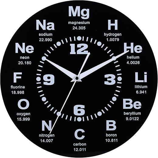 12 Inch Chemistry Wall Clock with Periodic Table Dial, Silent Movement, Battery Operated for Chemists, Science Teachers, STEM Students and Lab Wall Decor