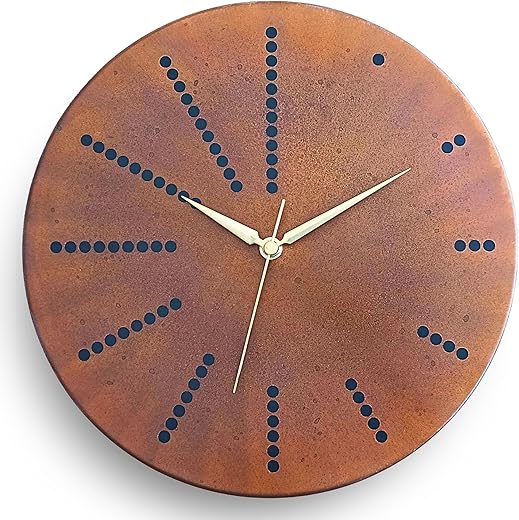 12 Inch Copper Wall Clock Battery Operated, Rusty Brown Patina Real Copper Non-Ticking Silent Farmhouse Modern Small Clock for Living Room Wall Decor, Kitchen, Bedroom, Office (Gold Colored Hands)