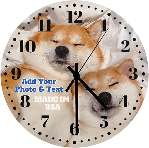 12 Inch Customizable Clock Custom Photo Wall Clocks, Personalized with Your Pictures Text Non Ticking Silent Decoration for Kitchen Bedroom, Gift for Dog/Cat Lover, Wooden (Dial Plate Optional)