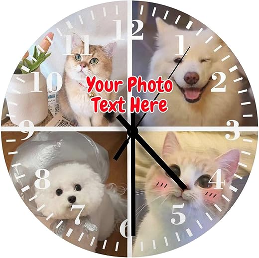 12 Inch Custom Wall Clock,Personalized Clock with 4 Picture Text,Wood Customized Round Silent Photo Clock,Creative Gifts for Wedding Living Room,Dog/Cat Lover