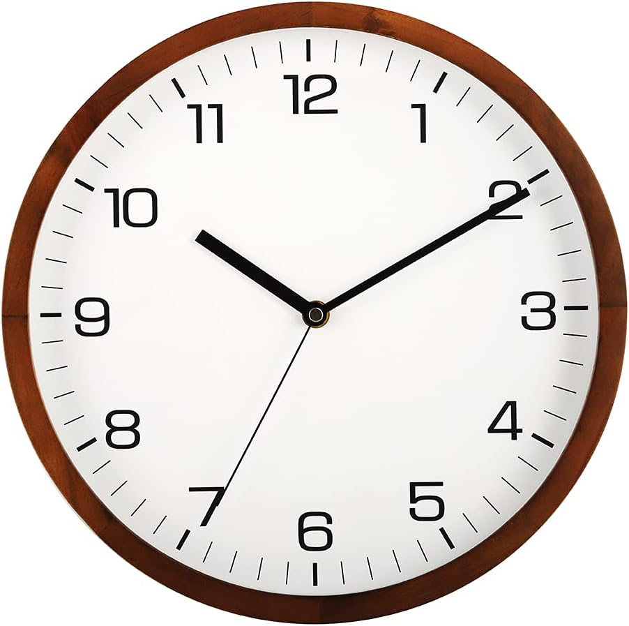 12 Inches Round Wooden Wall Clock Battery Operated Silent Non-Ticking,Metal Pointer&Glass Cover, for Office Kitchen Bedroom Classroom&Living Room, Brown