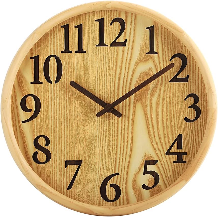 12 Inches Round Wooden Wall Clock Battery Operated Silent Non-Ticking,Wood Pointer&No Glass Cover,for Office Kitchen Bedroom Classroom&Living Room, Nature 05