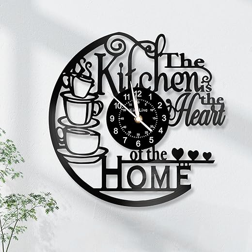 12 Inch Kitchen Vinyl Record Wall Clock, Kitchen Heat Home Theme Wall Clock, Coffee Bar Decor, Coffee Wall Decor for Kitchen Office Living Room, for Women Wives, Black